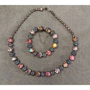 Vintage 50s Purple Pink Rhinestone Necklace Bracelet Set 1950s Regency Chic